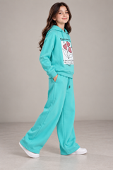 Mint Green Printed Hoodie & Wide-Leg Sweatpants Set for Girls