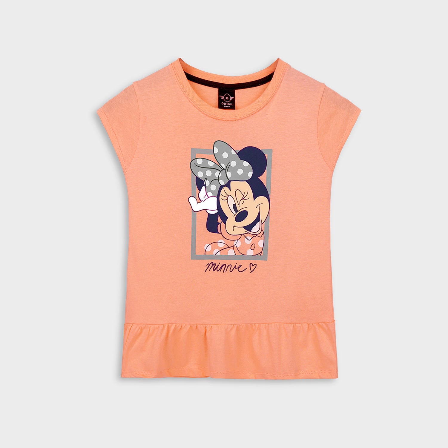 Girls Pure Cotton Peach Minnie Mouse Printed Frock