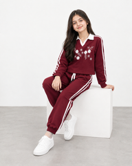 Girls’ Short-Body Tracksuit Set – Wine red Floral Embroidered Sweatshirt & Jogger Pants