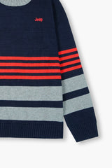 Jeep Navy Blue & Grey Striped Cotton Sweater – 100% Cotton | Cozy Winter Wear for Kids