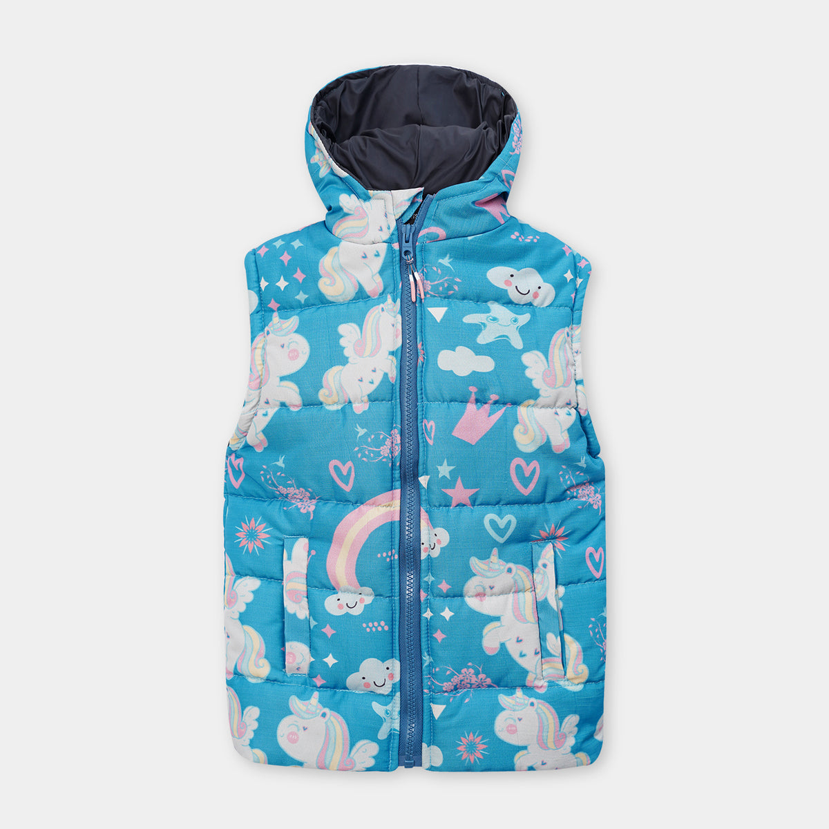 Girls Premium Quality All-Over Rainbow Printed Sleeveless Puffer Zipper Hoodie Jacket