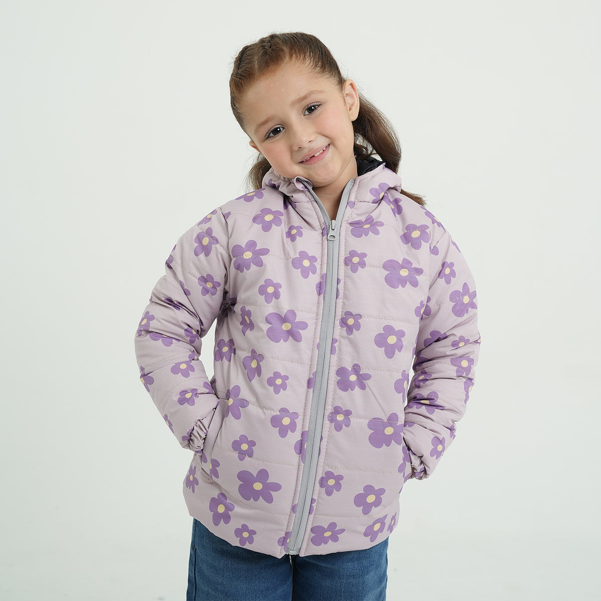 Girls Premium Quality All-Over Printed Puffer Zipper Hoodie Jacket