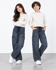 Kids 6 Pockets Grey Denim Cargo Pants | Wide Leg Utility Trousers