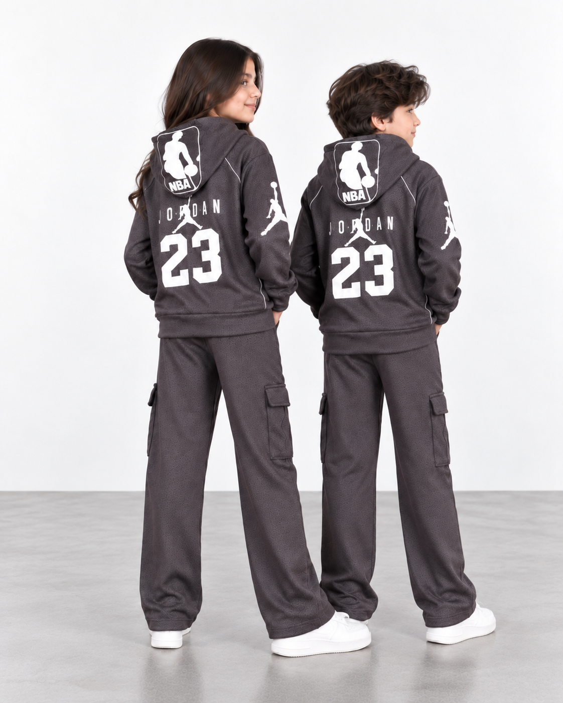 Kids Umber Brown Jacquard NBA Printed Hoodie Cargo Tracksuit – 2 Piece Set