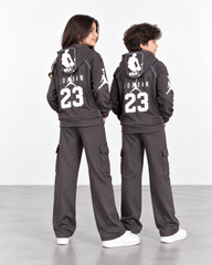 Kids Umber Brown Jacquard NBA Printed Hoodie Cargo Tracksuit – 2 Piece Set