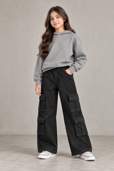 Unisex 8-Pocket Jet Black Wide Leg Jeans – 100% Cotton Stretch Denim