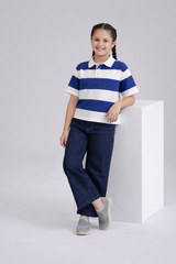 Girl's Retro Blue & White Striped Boxy Fit Polo Shirt