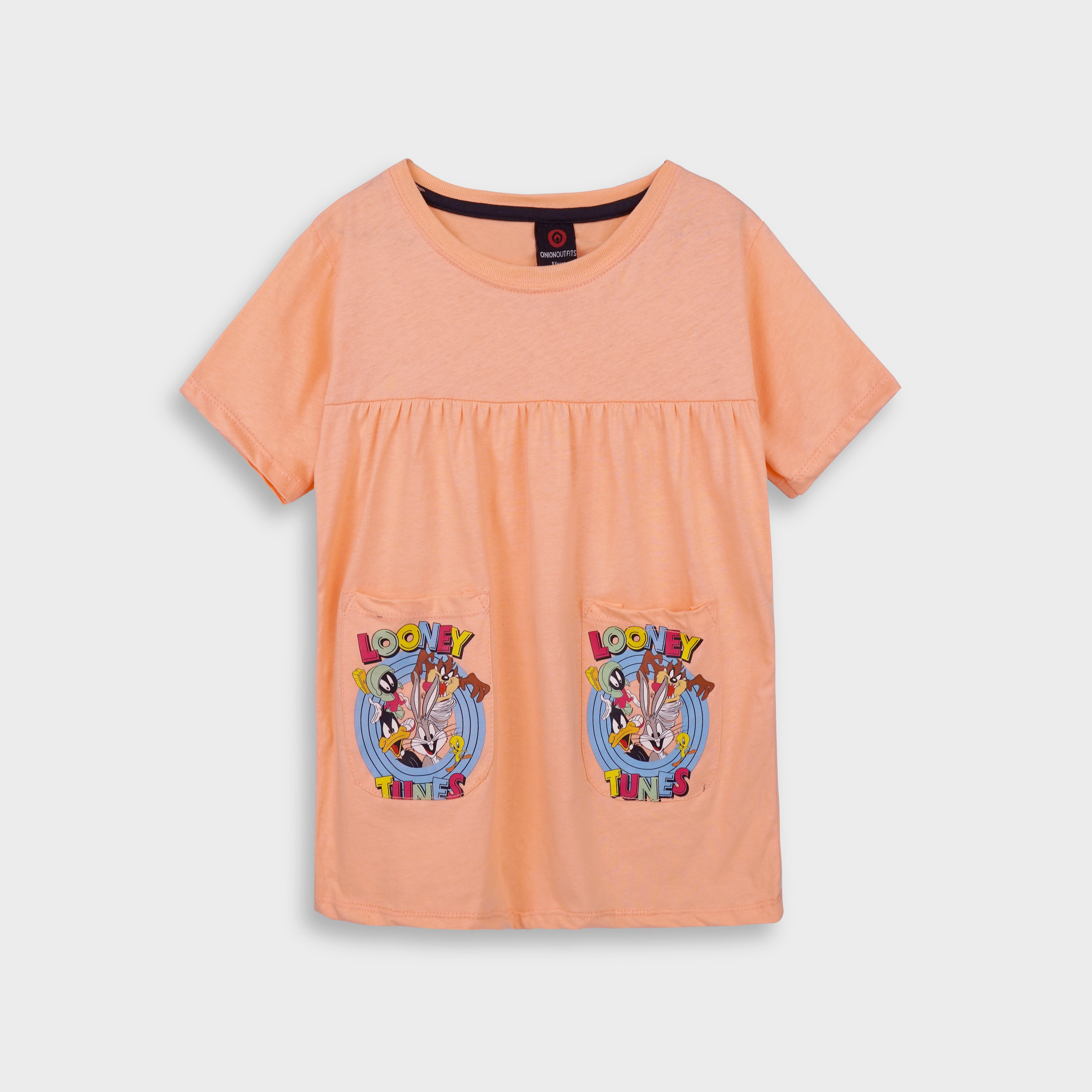 Girls Pure Cotton Peach Looney Tunes Printed Frock