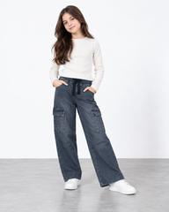 Kids 6 Pockets Grey Denim Cargo Pants | Wide Leg Utility Trousers