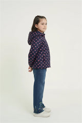 Girls Navy Polka Dot Puffer Jacket | Warm Winter Hooded Coat | Lightweight Outerwear
