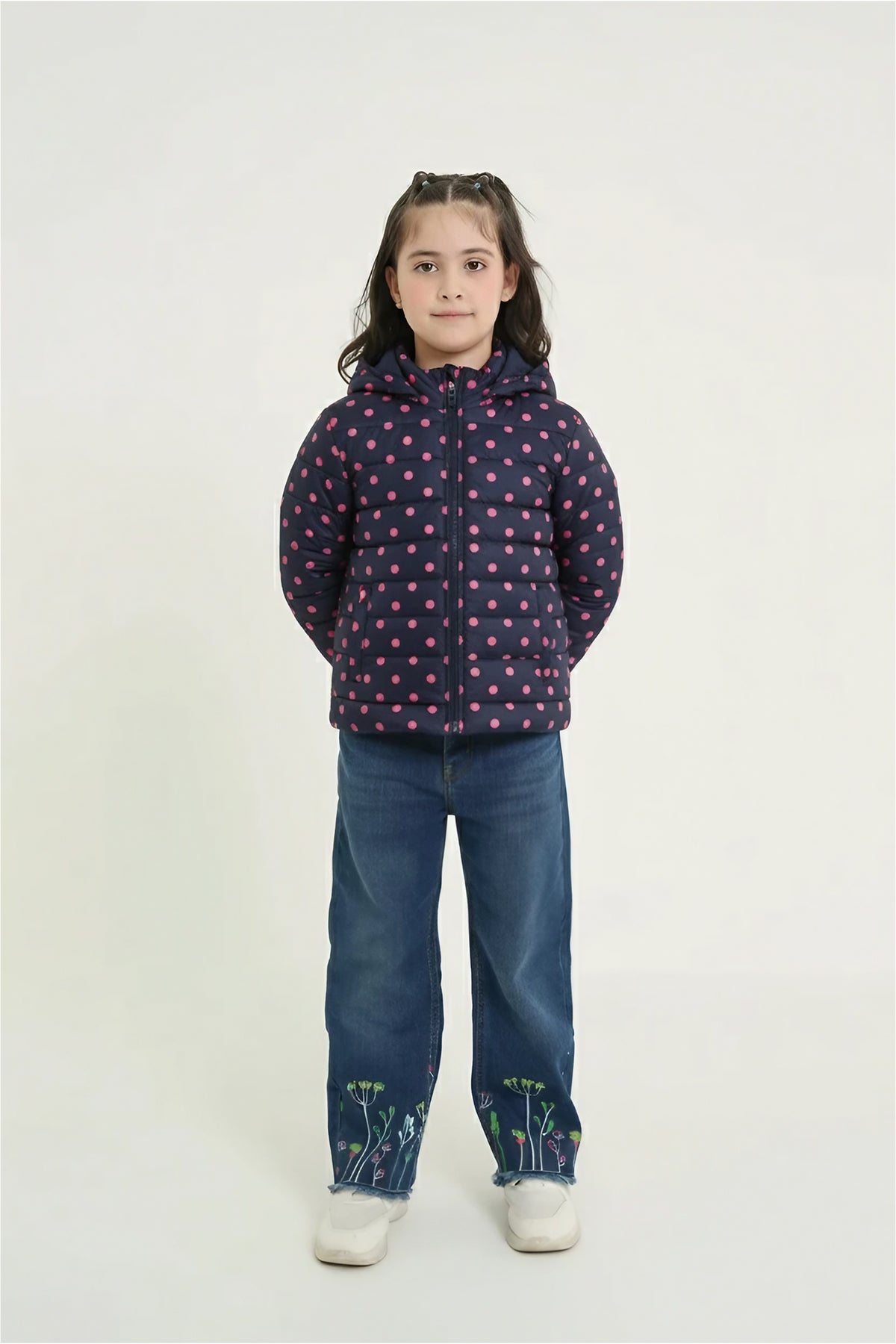 Girls Navy Polka Dot Puffer Jacket | Warm Winter Hooded Coat | Lightweight Outerwear