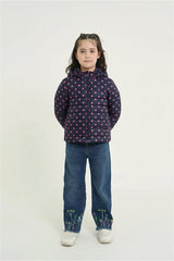 Girls Navy Polka Dot Puffer Jacket | Warm Winter Hooded Coat | Lightweight Outerwear