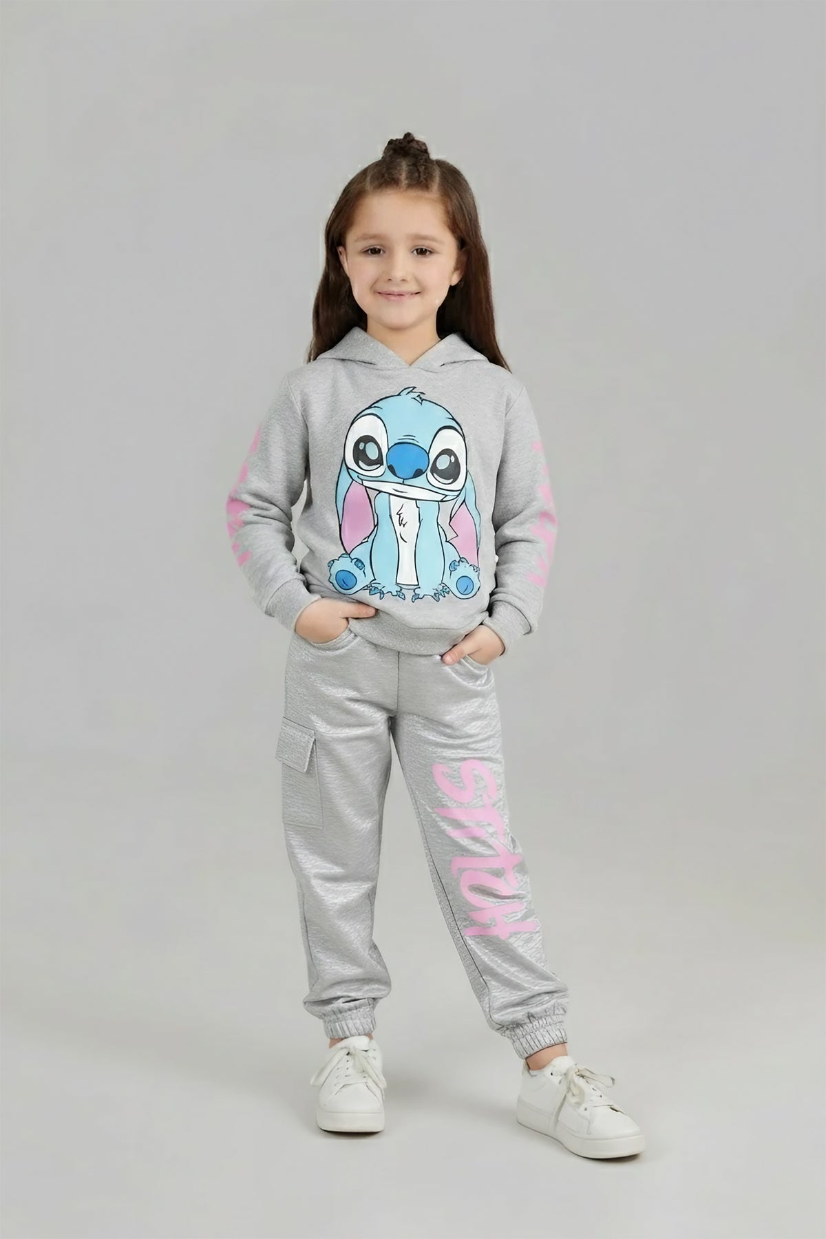 Stitch Printed Fleece Tracksuit – Short Body Hoodie & Jogger Set for Kids