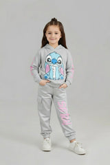 Stitch Printed Fleece Tracksuit – Short Body Hoodie & Jogger Set for Kids
