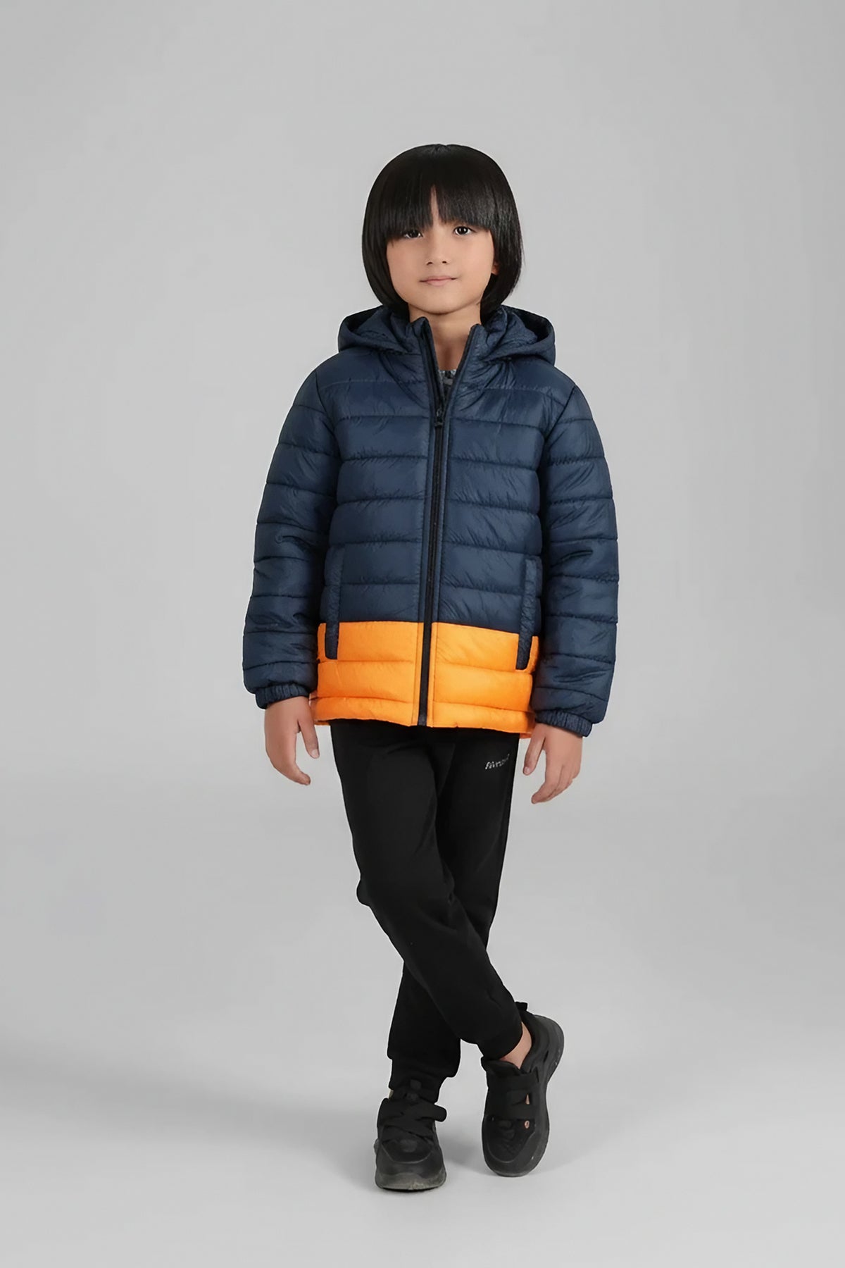 Navy & Orange Kids Puffer Jacket | Warm Winter Hooded Coat