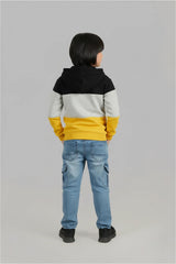 Kids Black-Grey-Yellow Color-Block Zip-Up Hoodie – 100% Cotton Fleece