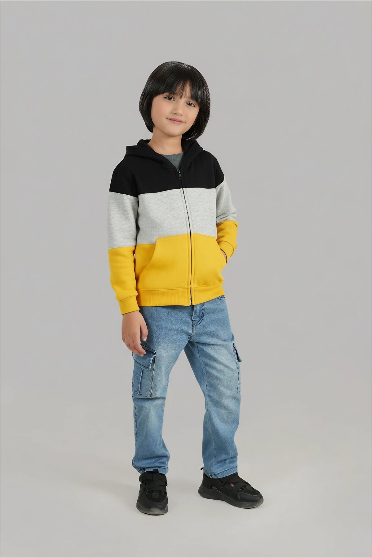 Kids Black-Grey-Yellow Color-Block Zip-Up Hoodie – 100% Cotton Fleece