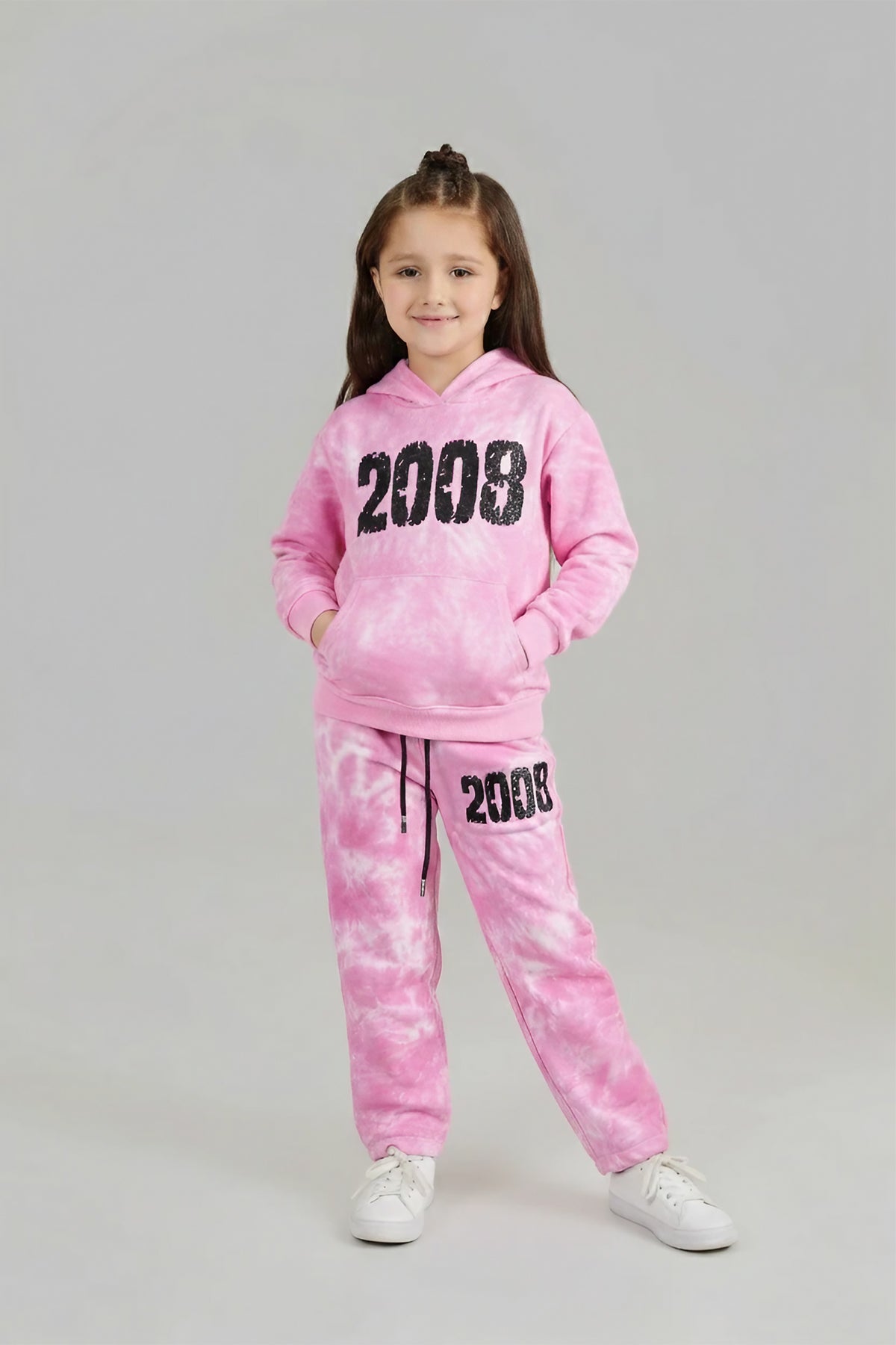 Kids Pink Tie & Dye Tracksuit – 100% Cotton Terry Hoodie & Joggers Set