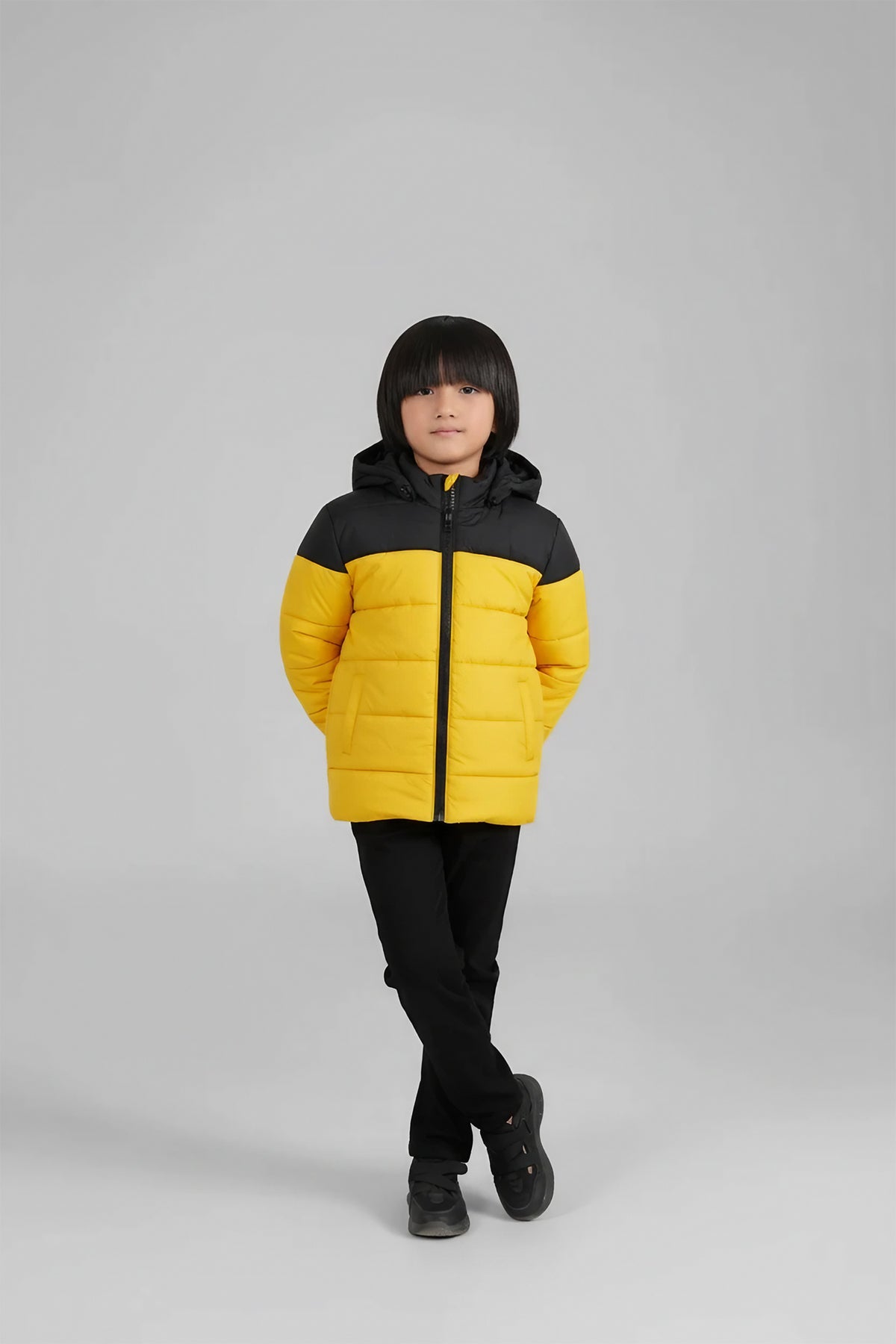 Kids Yellow & Black Puffer Jacket | Color-Block Hooded Winter Coat | Warm & Lightweight Outerwear