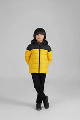 Kids Yellow & Black Puffer Jacket | Color-Block Hooded Winter Coat | Warm & Lightweight Outerwear