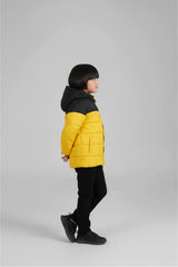 Kids Yellow & Black Puffer Jacket | Color-Block Hooded Winter Coat | Warm & Lightweight Outerwear
