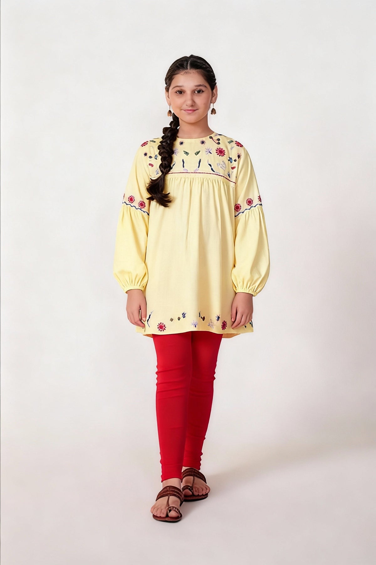 Peach Embroidered Khaddar Top for Girls | Winter Floral Tunic