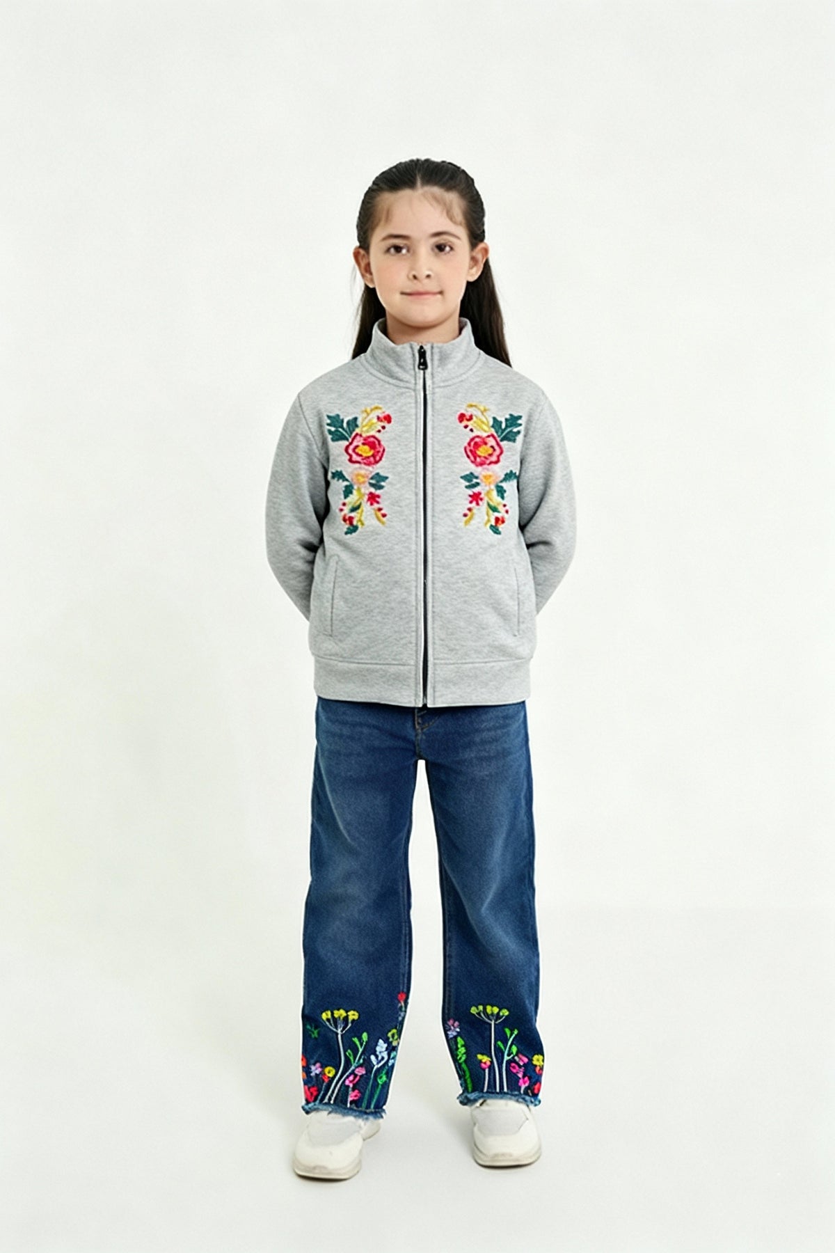 Light Grey Embroidered Zip-Up Sweatshirt | Girls Winter Fleece Jacket