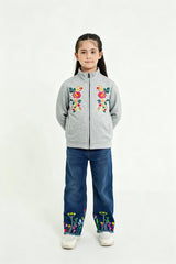 Light Grey Embroidered Zip-Up Sweatshirt | Girls Winter Fleece Jacket