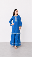 Girls Blue Embroidered Lawn 2-Piece Suit | Traditional Kurta & Wide-Leg Palazzo Set