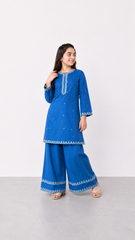 Girls Blue Embroidered Lawn 2-Piece Suit | Traditional Kurta & Wide-Leg Palazzo Set
