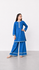 Girls Blue Embroidered Lawn 2-Piece Suit | Traditional Kurta & Wide-Leg Palazzo Set