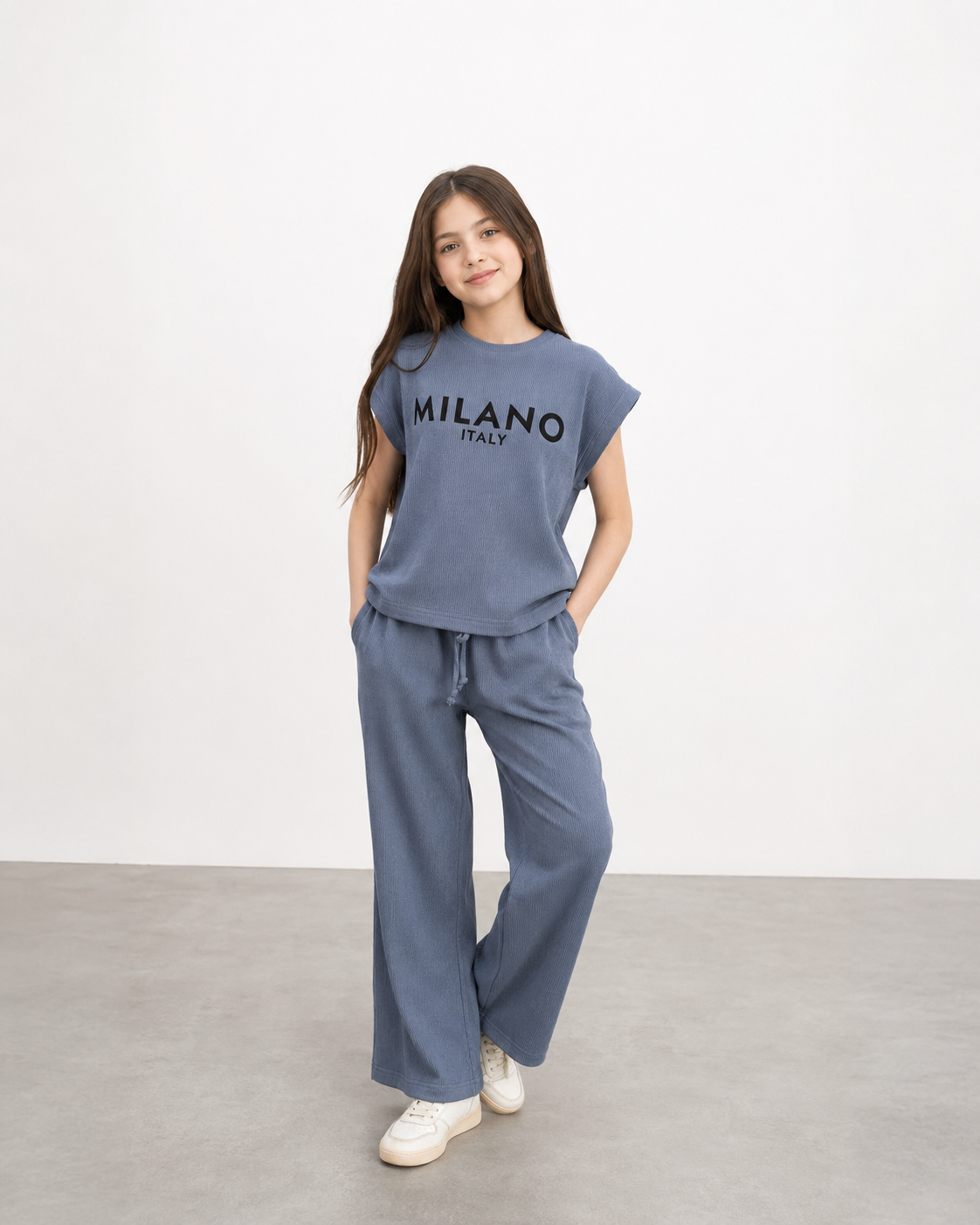Girls’ Ribbed Milano Italy Co-Ord Set – Blue Wide-Leg Pants & T-Shirt