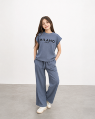 Girls’ Ribbed Milano Italy Co-Ord Set – Blue Wide-Leg Pants & T-Shirt