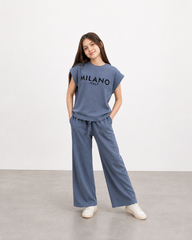 Girls’ Ribbed Milano Italy Co-Ord Set – Blue Wide-Leg Pants & T-Shirt