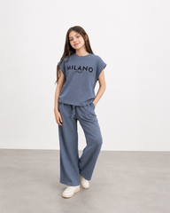Girls’ Ribbed Milano Italy Co-Ord Set – Blue Wide-Leg Pants & T-Shirt