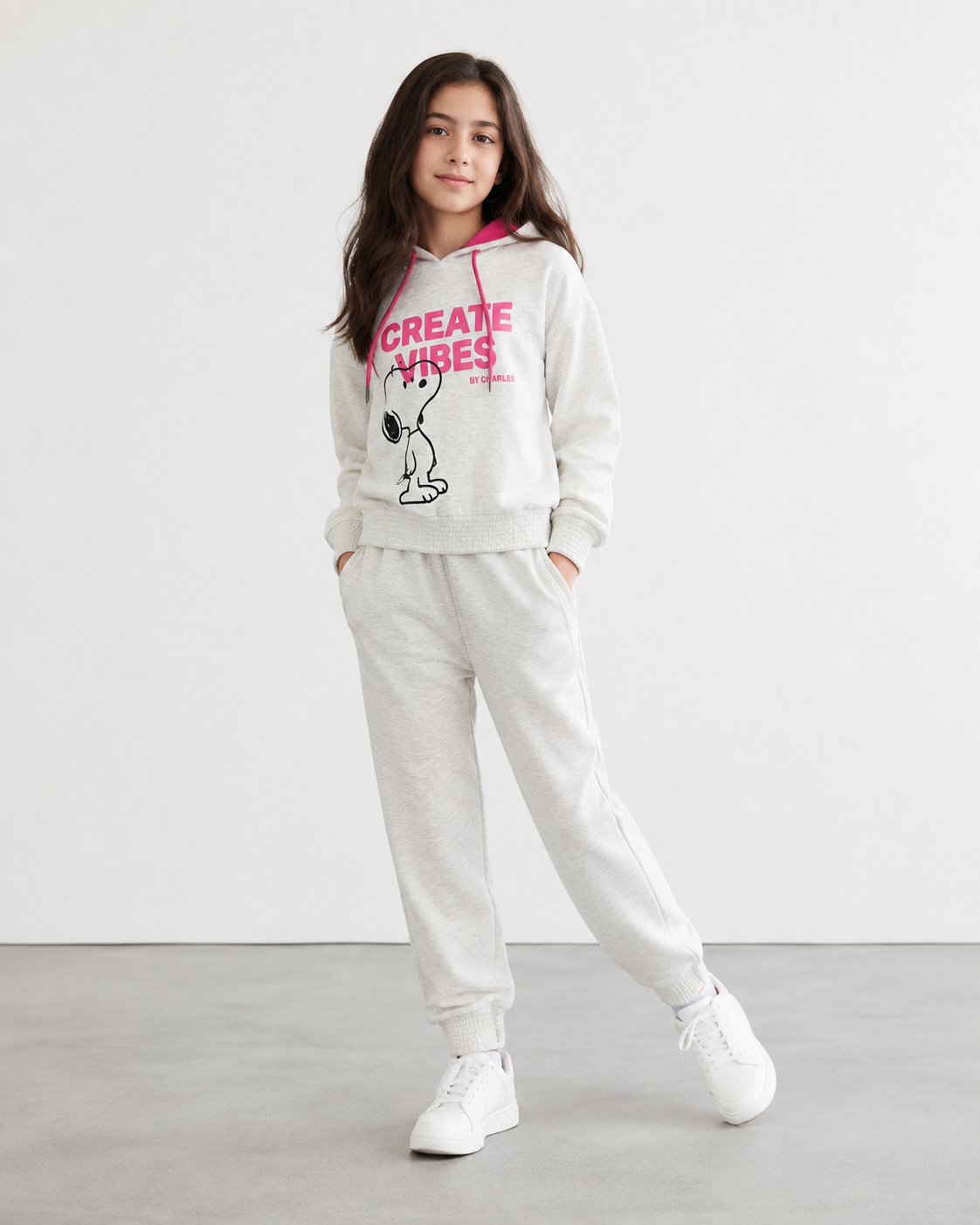 Girls Grey Cotton Fleece Hoodie & Jogger Tracksuit – Pink Trim | Kids Winter 2-Piece Set
