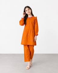 Girls Orange Embroidered Kurta Trouser Set | Traditional Pakistani Kids 2-Piece Outfit with Butterfly Embroidery & Pink Trim