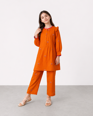 Girls Orange Embroidered Kurta Trouser Set | Traditional Pakistani Kids 2-Piece Outfit with Butterfly Embroidery & Pink Trim