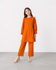Girls Orange Embroidered Kurta Trouser Set | Traditional Pakistani Kids 2-Piece Outfit with Butterfly Embroidery & Pink Trim