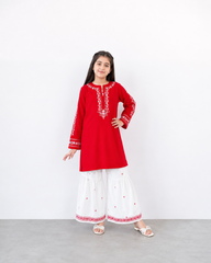 Girls Red Embroidered Kurta with White Printed Gharara – 2 Piece Traditional Festive Outfit