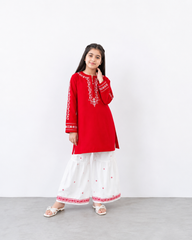 Girls Red Embroidered Kurta with White Printed Gharara – 2 Piece Traditional Festive Outfit