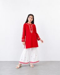 Girls Red Embroidered Kurta with White Printed Gharara – 2 Piece Traditional Festive Outfit