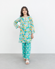 Girls Turquoise Floral Printed 2 Piece Lawn Suit with Lace Detail | Kids Summer Eastern Wear