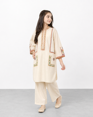 Girls Premium Embroidered Ivory Cotton Kurta & Trouser Set | Traditional Ethnic 2-Piece Outfit for Kids