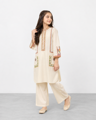 Girls Premium Embroidered Ivory Cotton Kurta & Trouser Set | Traditional Ethnic 2-Piece Outfit for Kids
