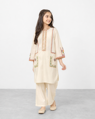 Girls Premium Embroidered Ivory Cotton Kurta & Trouser Set | Traditional Ethnic 2-Piece Outfit for Kids