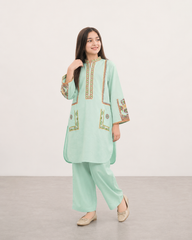 Girls Mint Green Embroidered 2 Piece Eastern Suit – Premium Cotton Kids Kurta & Trouser Set