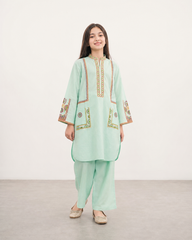 Girls Mint Green Embroidered 2 Piece Eastern Suit – Premium Cotton Kids Kurta & Trouser Set