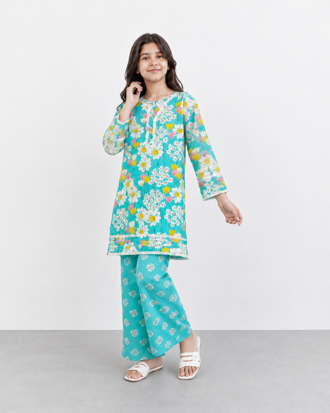 Girls Turquoise Floral Printed 2 Piece Lawn Suit with Lace Detail | Kids Summer Eastern Wear