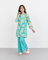 Girls Turquoise Floral Printed 2 Piece Lawn Suit with Lace Detail | Kids Summer Eastern Wear